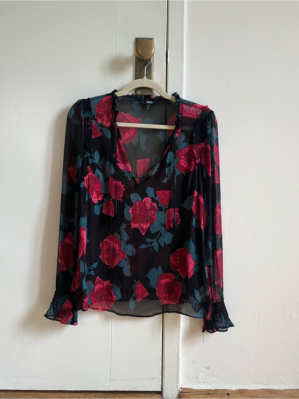 Paige 100% Silk Black Floral V-Neck Long Sleeve Blouse